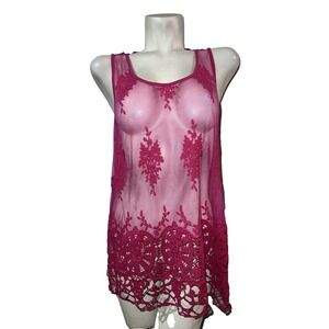 International Concepts INC Lace Trim Sheer Overlay Tank Top Women XL Fuchsia